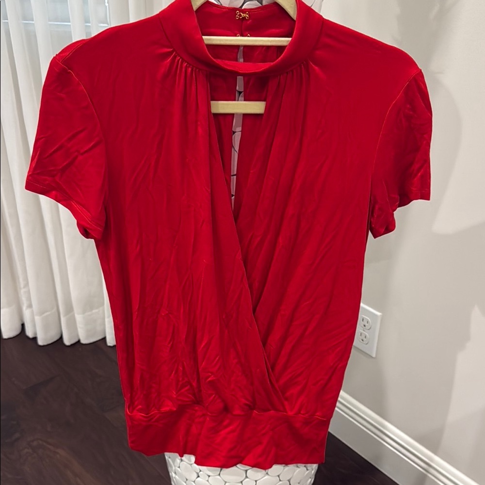 Women's Red Short-Sleeve Surplice Top with Mock Neck